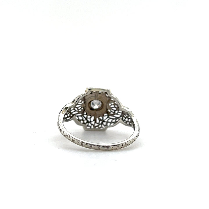 Estate 18KT White Gold Openwork Art Deco Old European Cut Diamond Ring