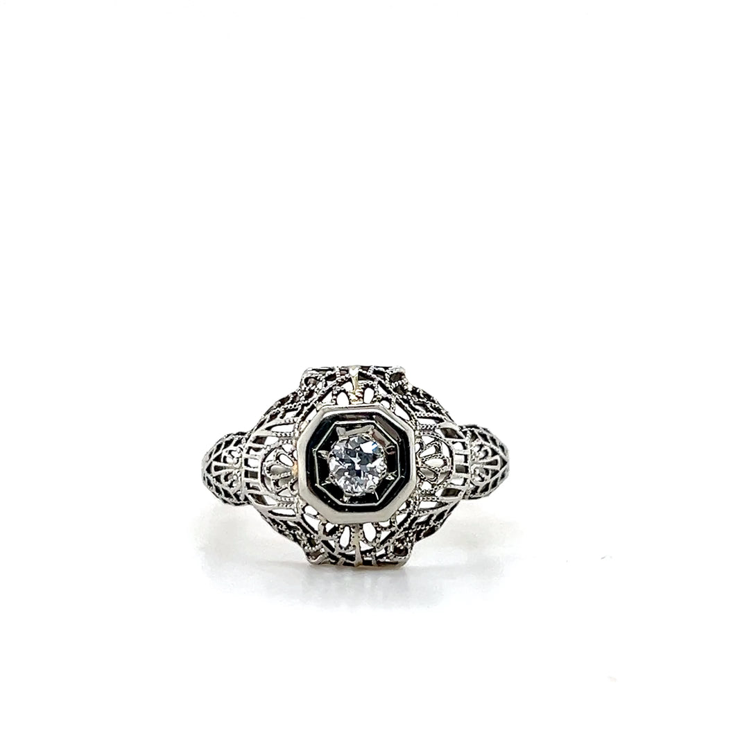 Estate 18KT White Gold Openwork Art Deco Old European Cut Diamond Ring