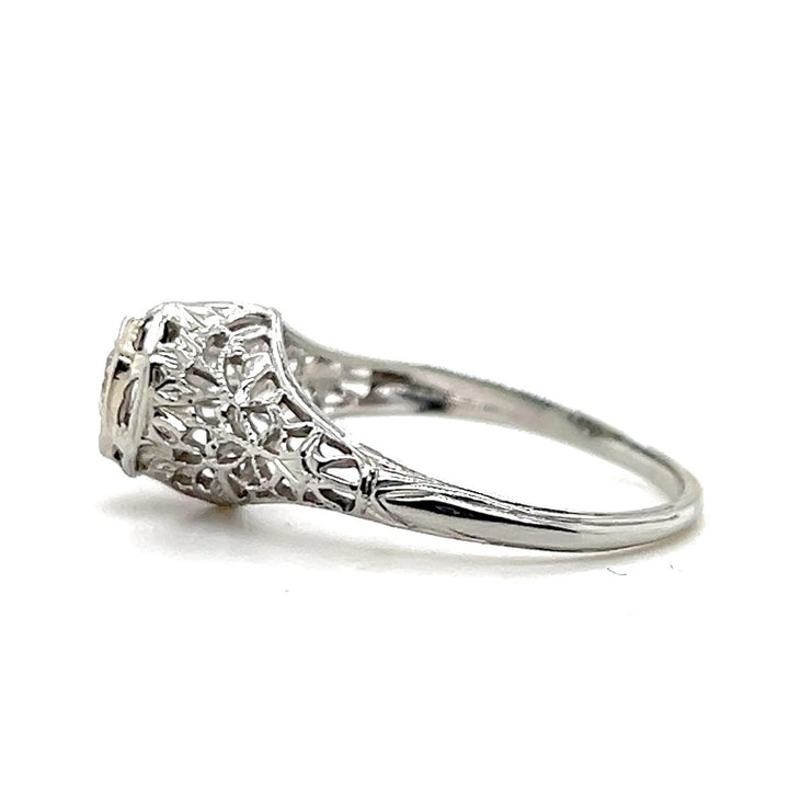 Estate 18K White Gold 0.22CTW Old European-Cut Diamond Filigree Art Deco Engagement Ring
