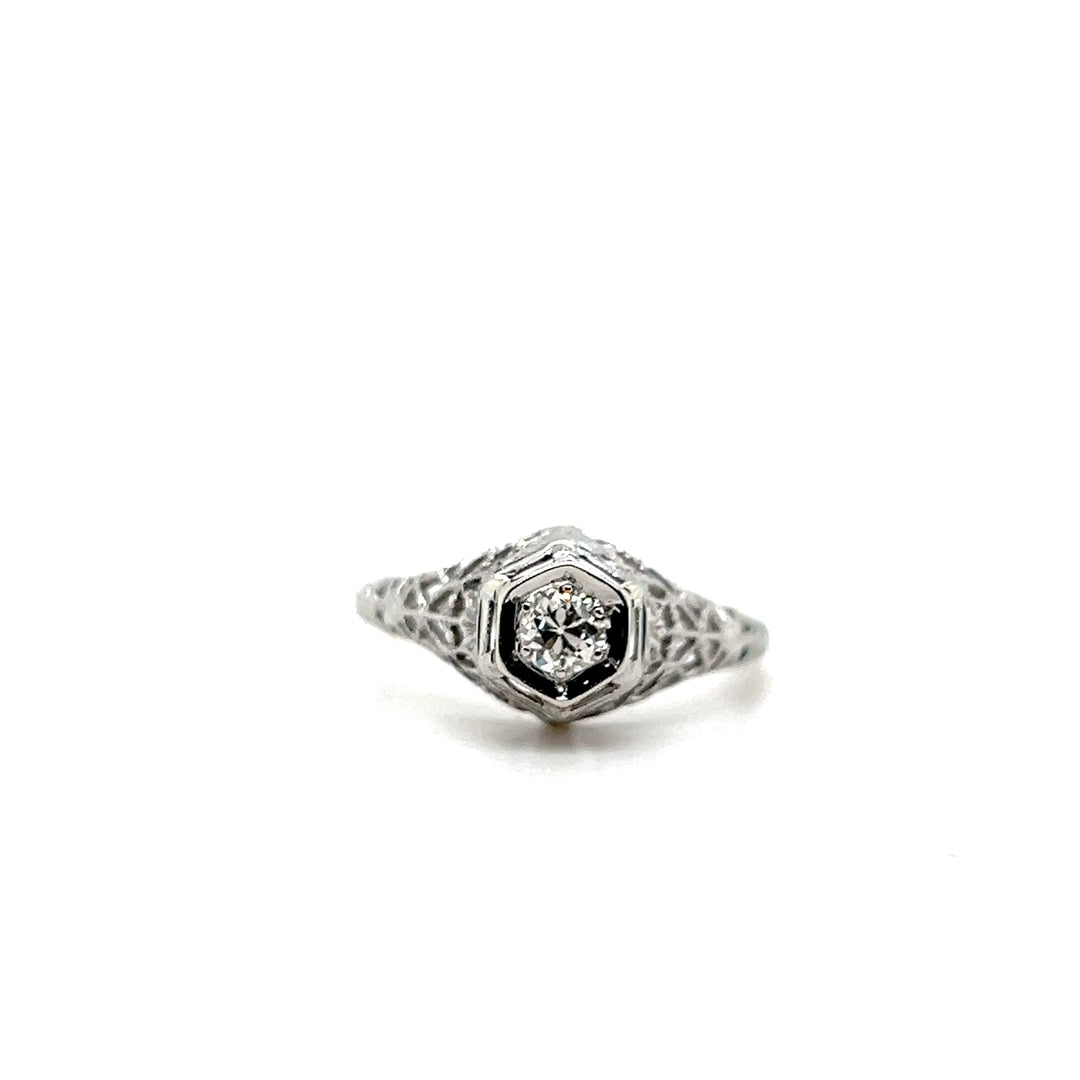 Estate 18KT White Gold Filigree Art Deco Old European Cut Diamond Engagement Ring