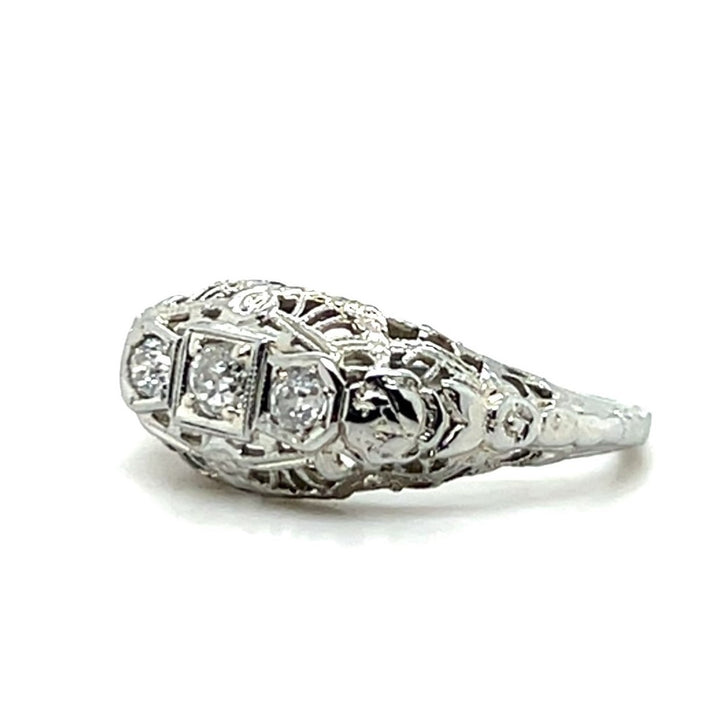 Estate 18K White Gold 0.29CTW Three Stone Diamond Art Deco Anniversary Band