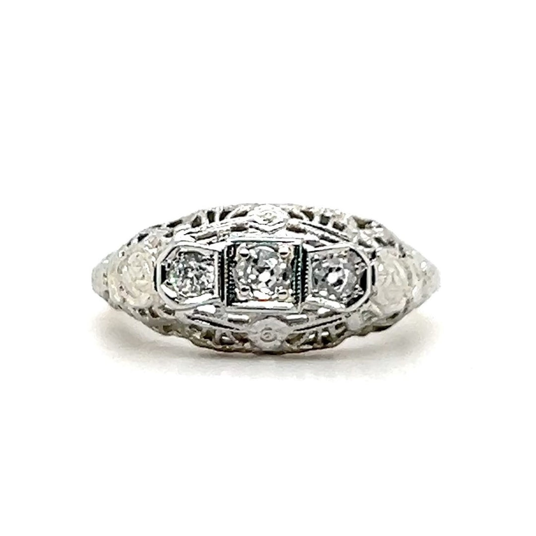 Estate 18K White Gold 0.29CTW Three Stone Diamond Art Deco Anniversary Band