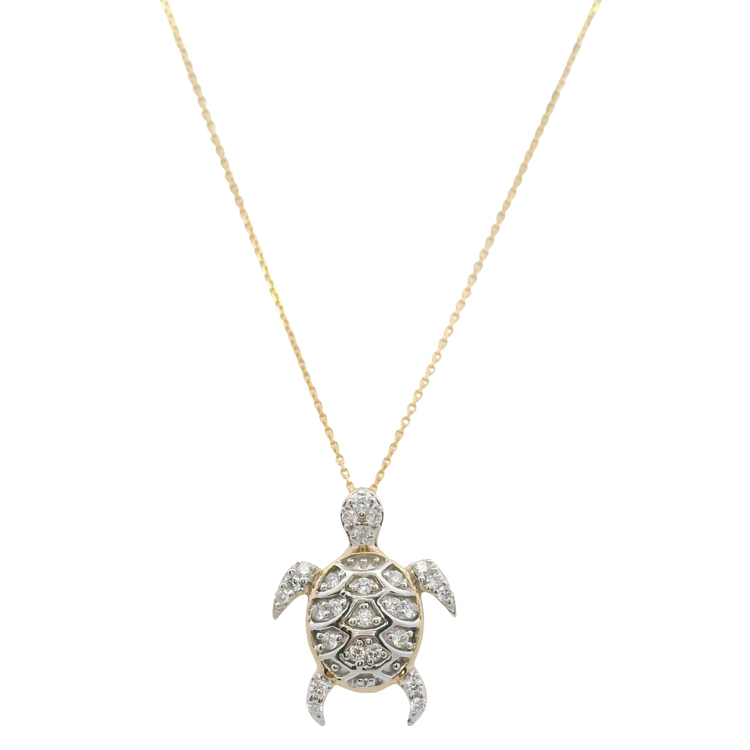 14K Yellow and White Gold Diamond Turtle Pendant Necklace with Cable Chain