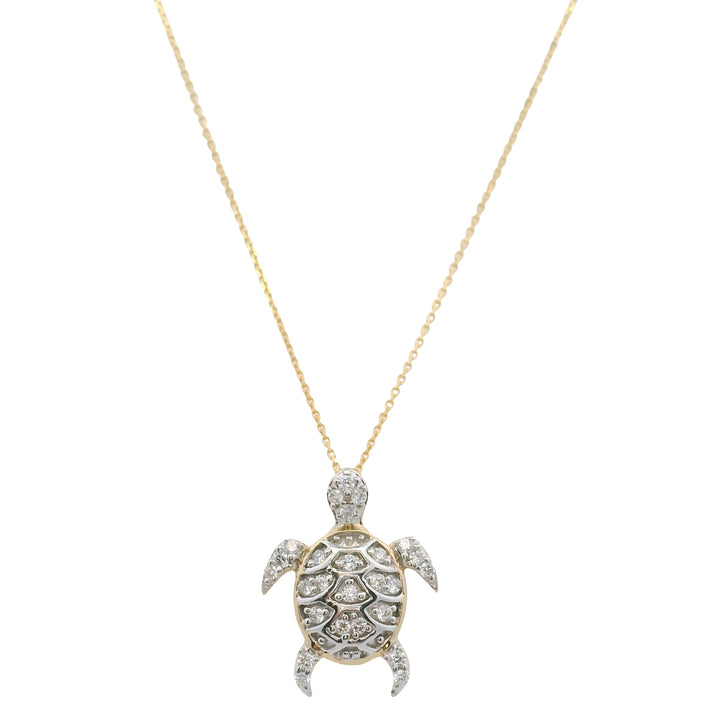14K Yellow and White Gold Diamond Turtle Pendant Necklace with Cable Chain