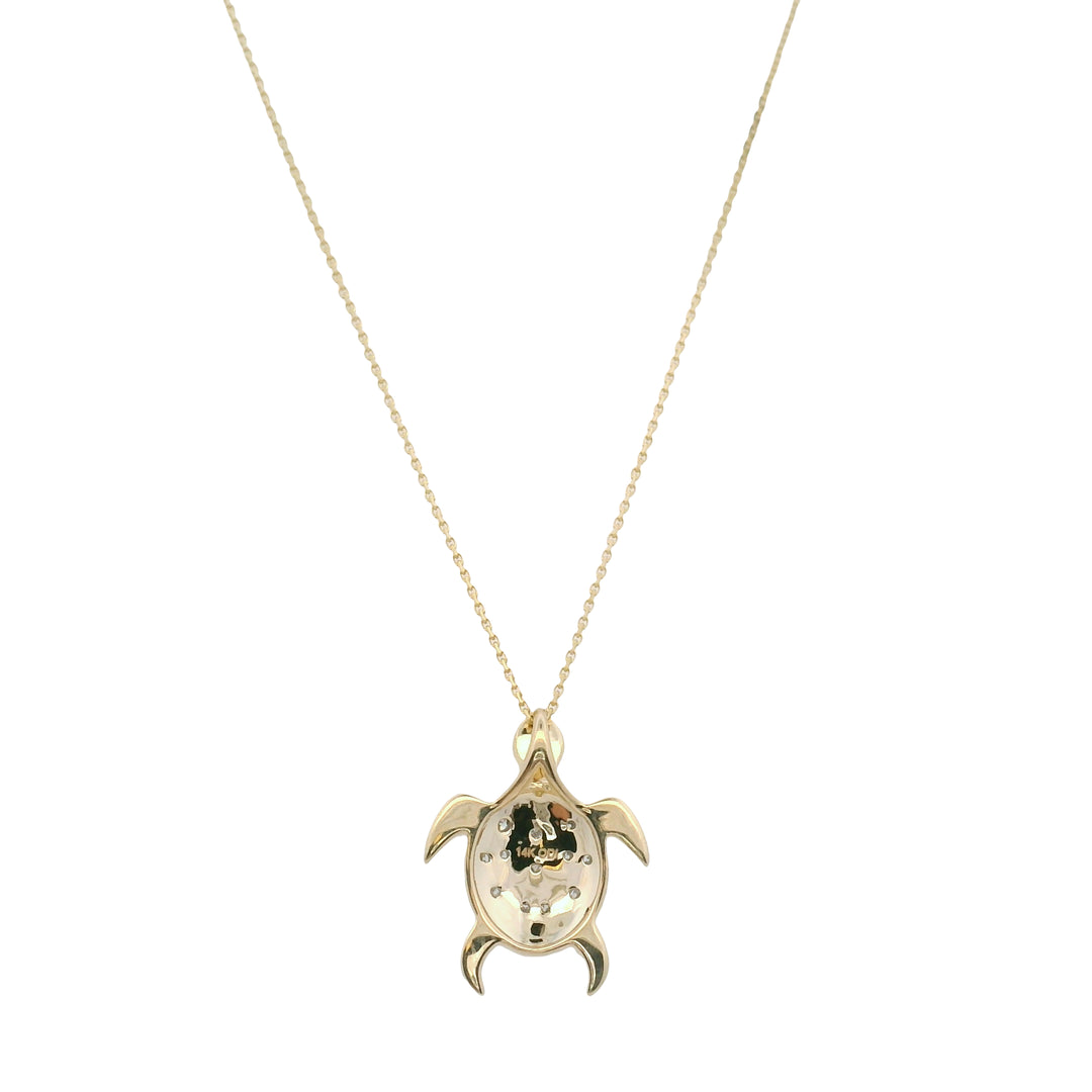14K Yellow and White Gold Diamond Turtle Pendant Necklace with Cable Chain