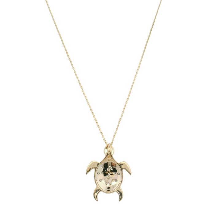 14K Yellow and White Gold Diamond Turtle Pendant Necklace with Cable Chain