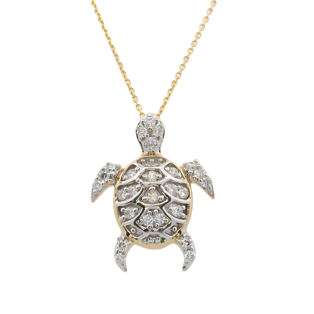 14K Yellow and White Gold Diamond Turtle Pendant Necklace with Cable Chain