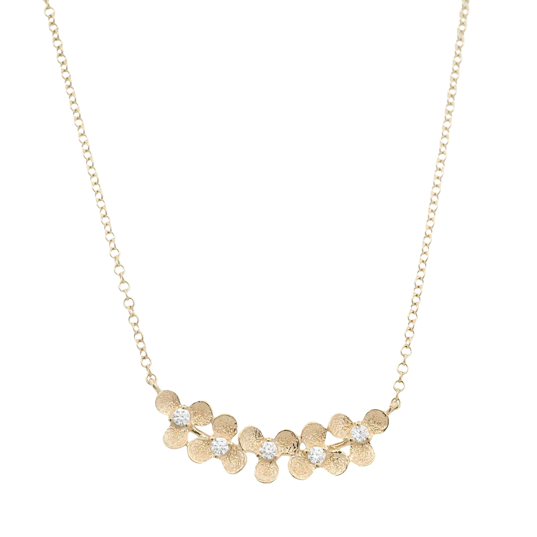 14K Yellow Gold 0.10CTW Diamond Curved Flower Bar Necklace