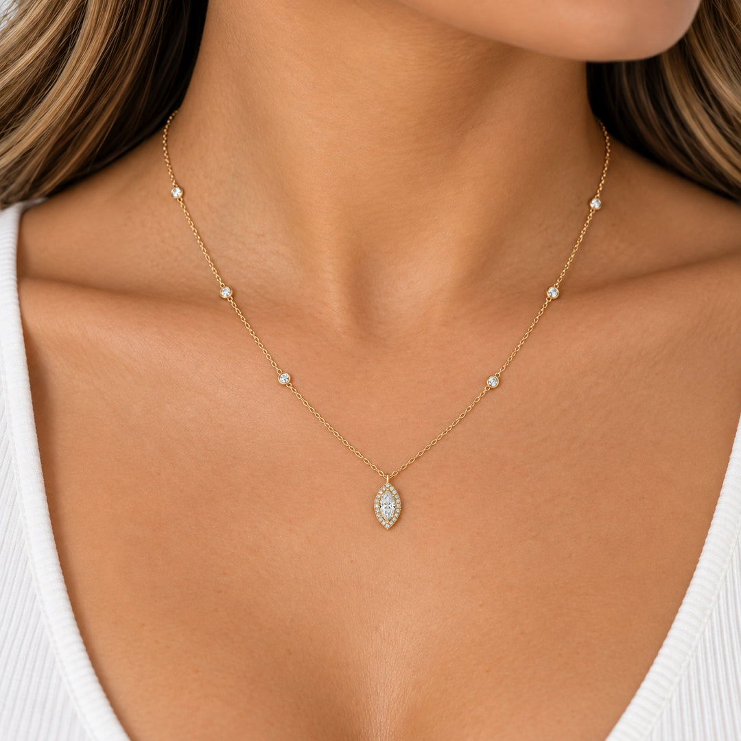 Gold Vermeil Lab Grown Diamond Marquise Halo Station Necklace 0.71CT TWT