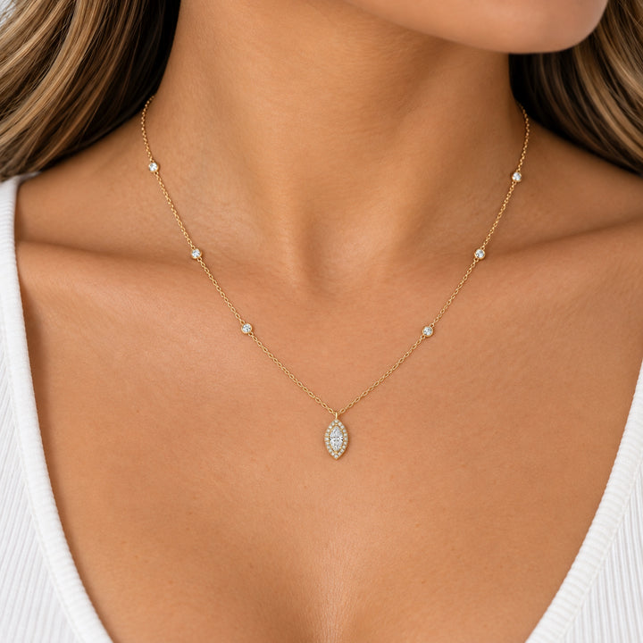 Gold Vermeil Lab Grown Diamond Marquise Halo Station Necklace 0.71CT TWT