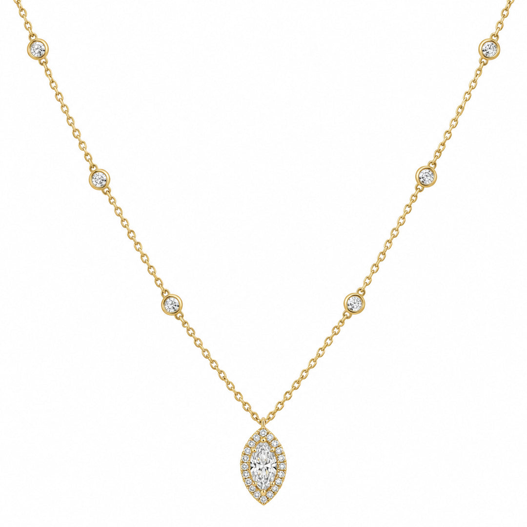 Gold Vermeil Lab Grown Diamond Marquise Halo Station Necklace 0.71CT TWT