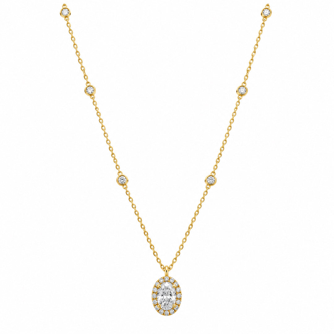 Gold Vermeil Lab Grown Diamond Oval Halo Station Necklace 0.71CT TWT