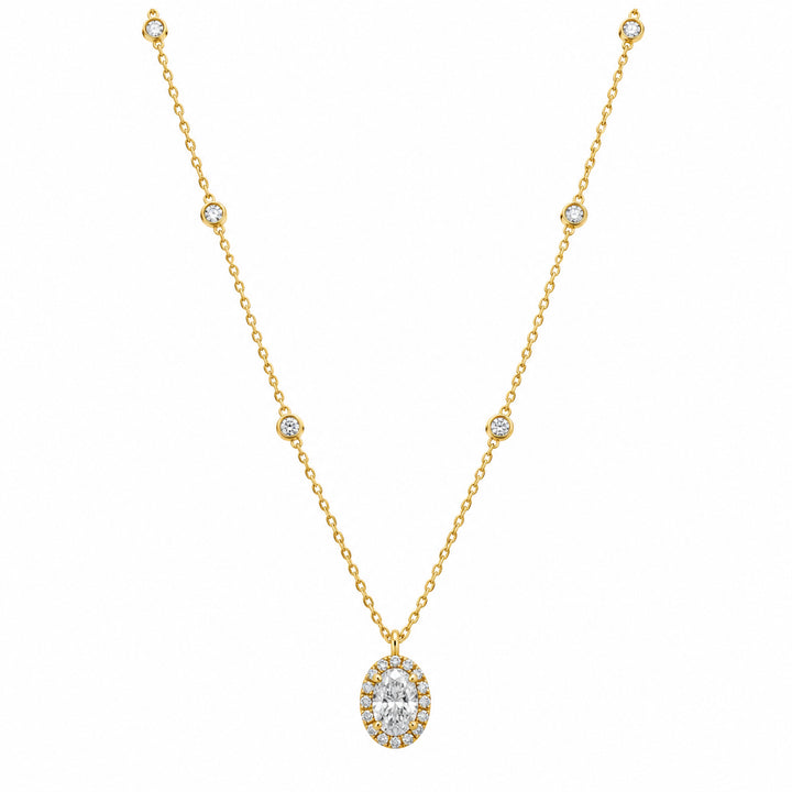 Gold Vermeil Lab Grown Diamond Oval Halo Station Necklace 0.71CT TWT