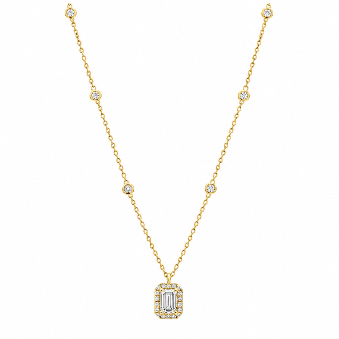 Gold Vermeil Lab Grown Diamond Emerald Cut Halo Pendant Station Necklace 0.77CT TWT