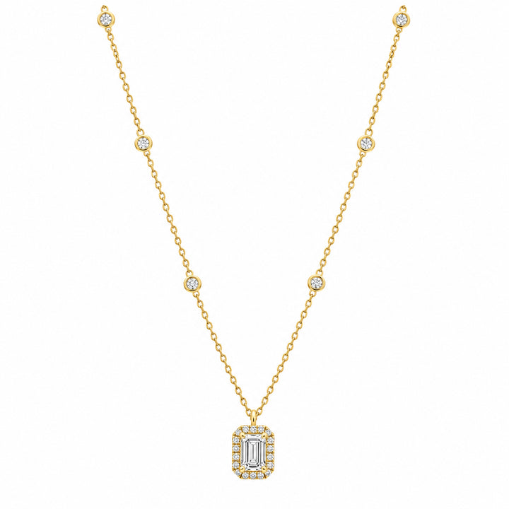 Gold Vermeil Lab Grown Diamond Emerald Cut Halo Pendant Station Necklace 0.77CT TWT