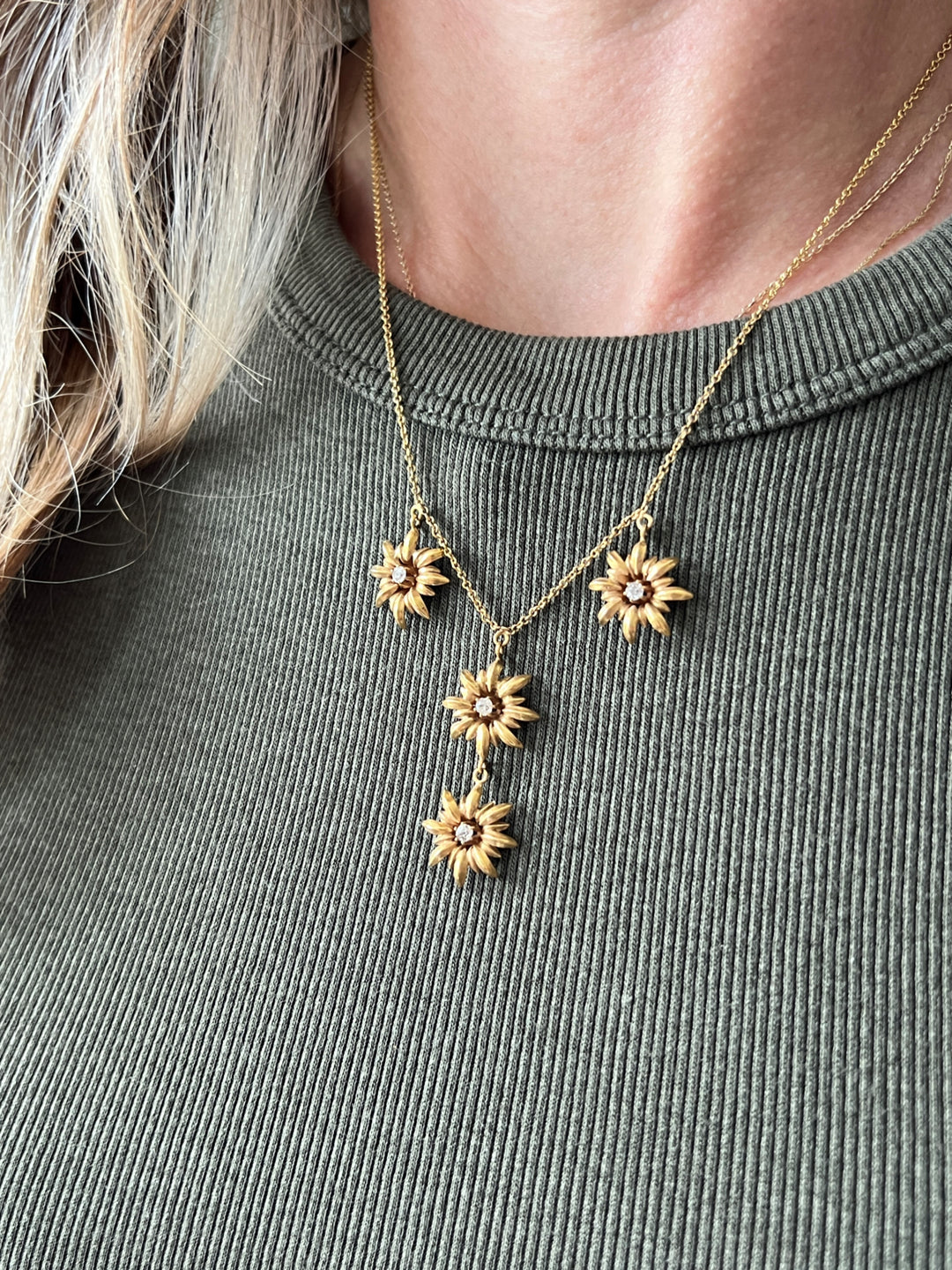 Estate Victorian 14K Yellow Gold Old European Cut Diamond Flower Multi-Drop Necklace