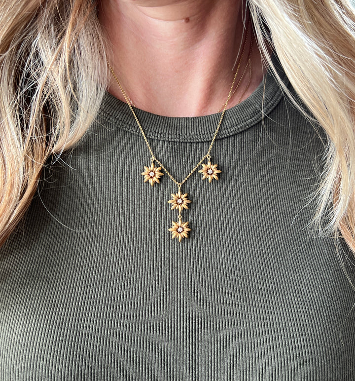 Estate Victorian 14K Yellow Gold Old European Cut Diamond Flower Multi-Drop Necklace
