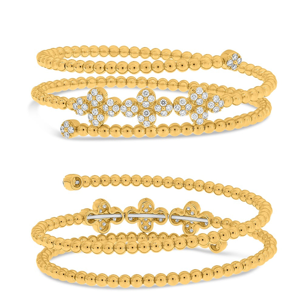 14K Yellow Gold 1.00CTW Diamond Clover Beaded Wrap Bracelet