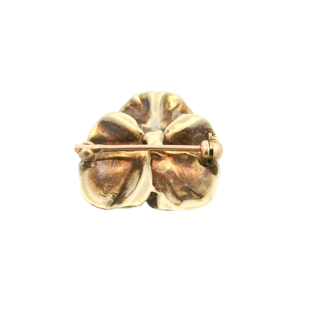 Estate 14K Yellow Gold Antique Pansy Brooch with Enamel
