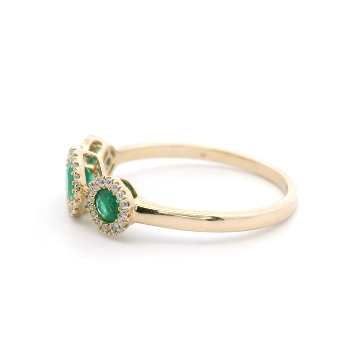 14K Yellow Gold 0.56CTW Emerald & Diamond Three-Stone Halo Ring