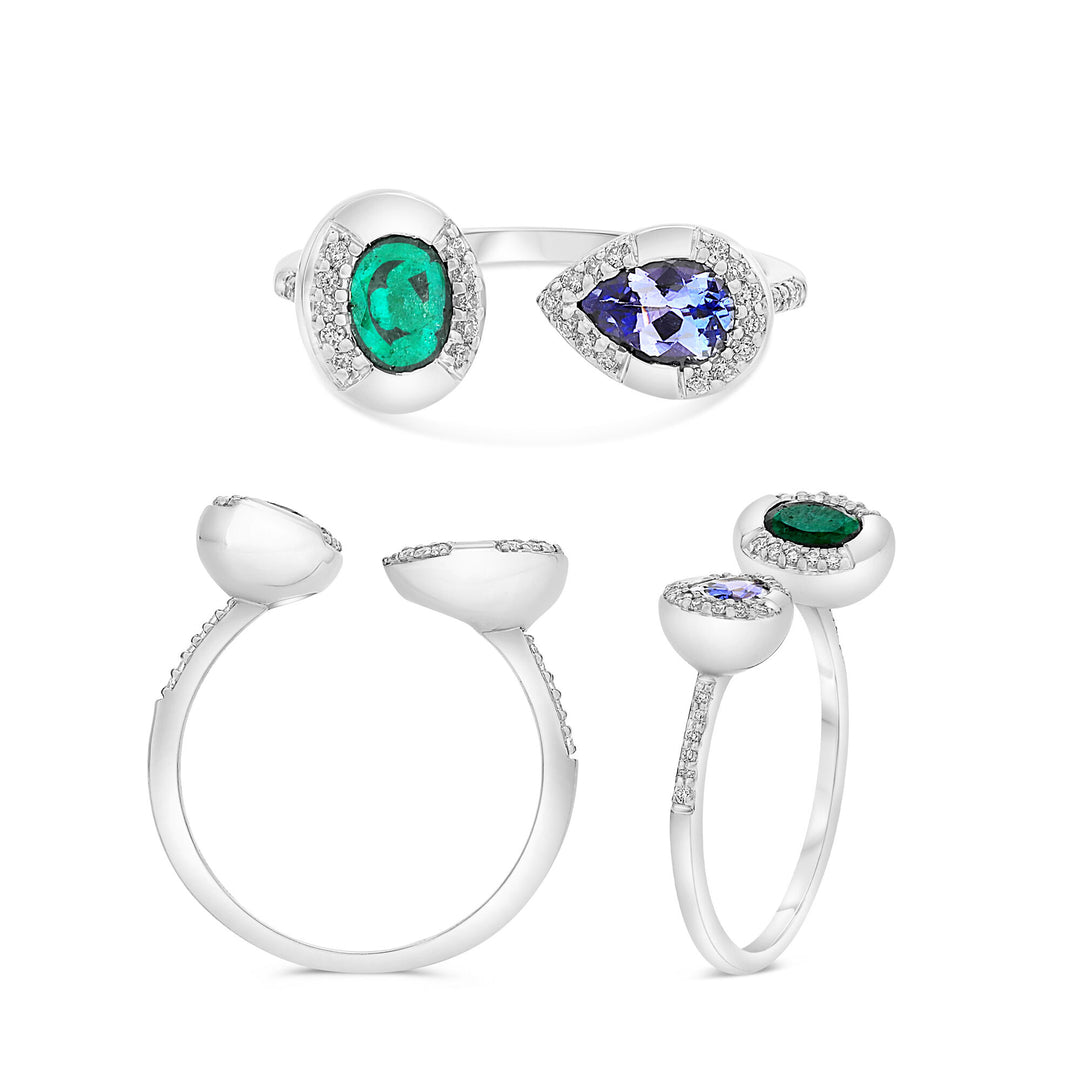 14K White Gold 0.86CTW Emerald & Tanzanite Open Ring