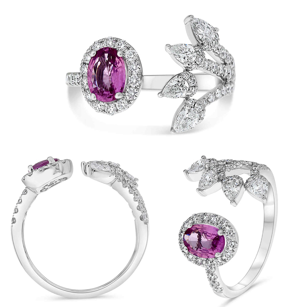 14K White Gold 1.71CTW Oval Pink Sapphire Diamond Open Ring