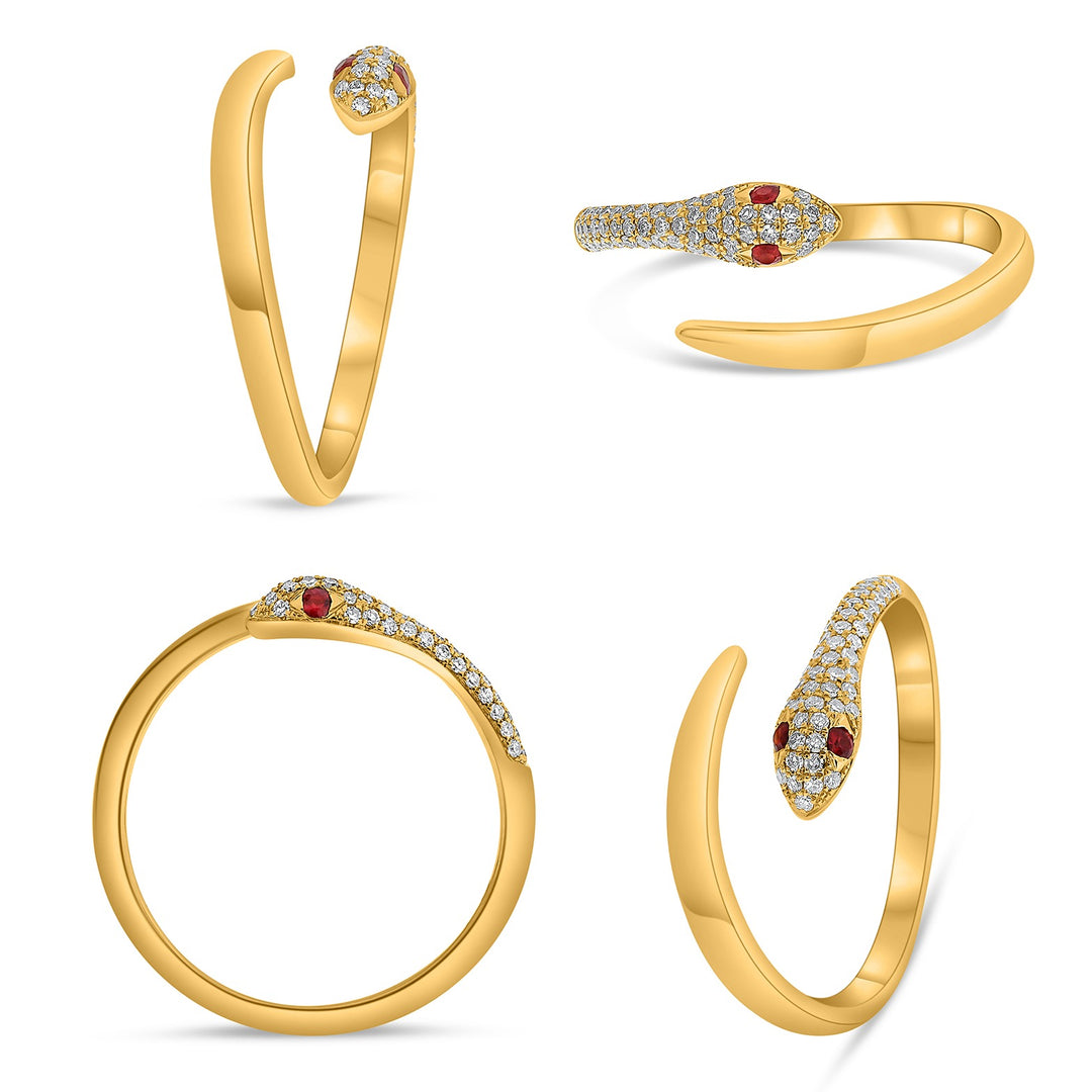 14K Yellow Gold 0.19CTW Diamond and Ruby Snake Ring