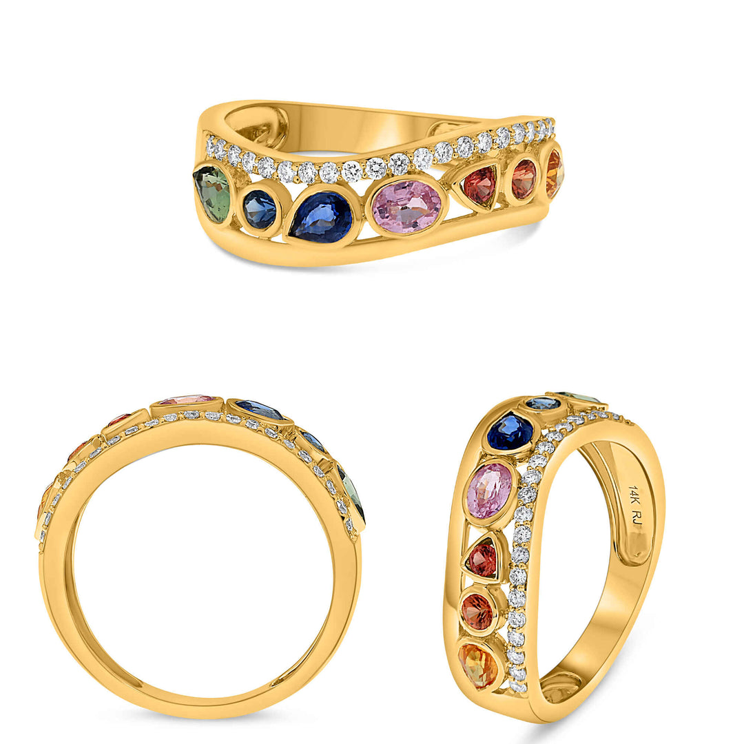 14K Yellow Gold 1.16CTW Multi-Color Sapphire & Diamond Band