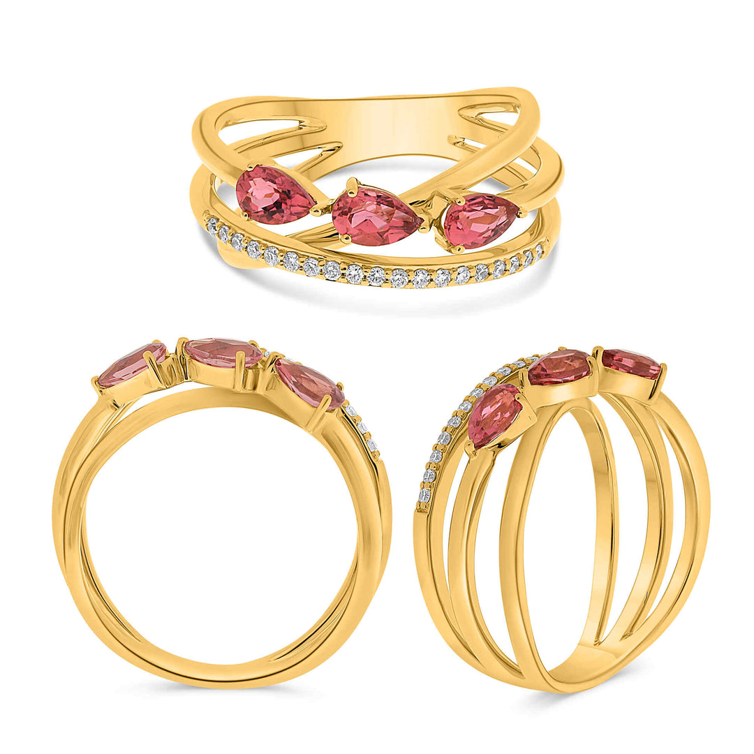 14K Yellow Gold Pink Tourmaline and Diamond Crossover Ring