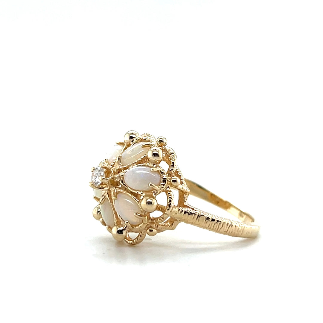 Estate 14KT Yellow Gold Opal and Diamond Flower Ring, ca. 1960's