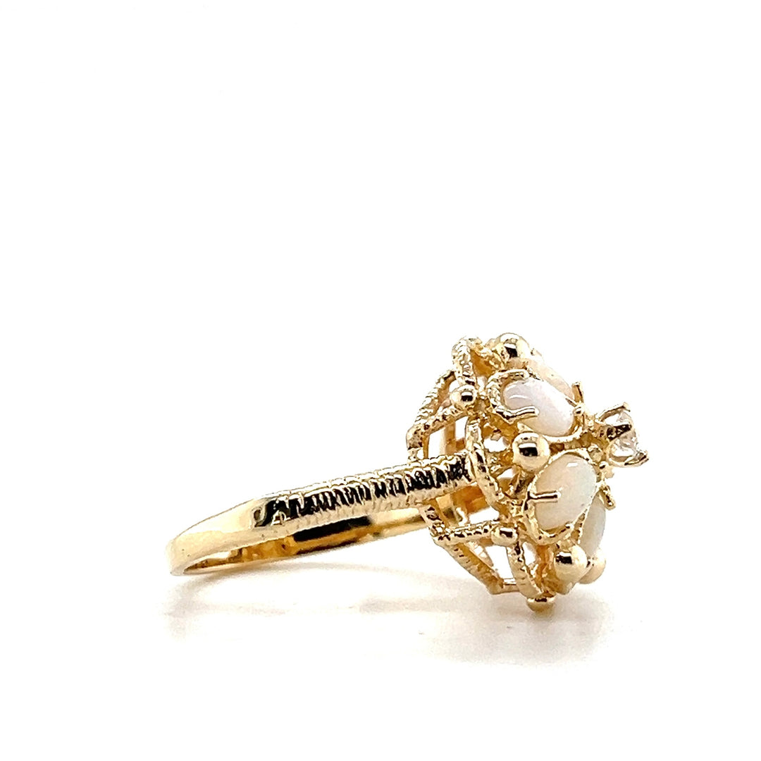 Estate 14KT Yellow Gold Opal and Diamond Flower Ring, ca. 1960's