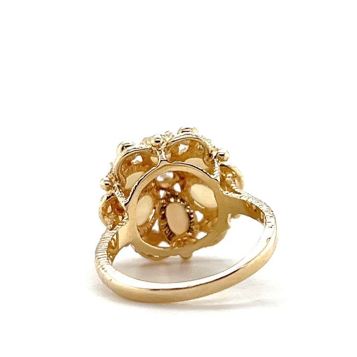 Estate 14KT Yellow Gold Opal and Diamond Flower Ring, ca. 1960's