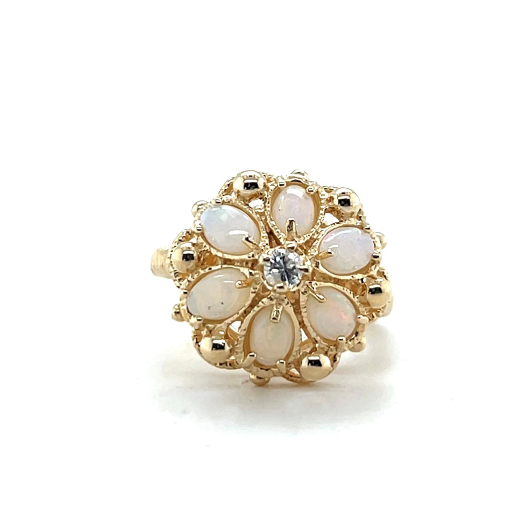 Estate 14KT Yellow Gold Opal and Diamond Flower Ring, ca. 1960's