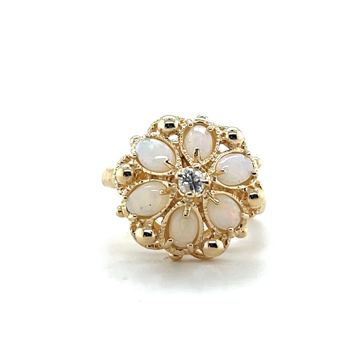 Estate 14KT Yellow Gold Opal and Diamond Flower Ring, ca. 1960's