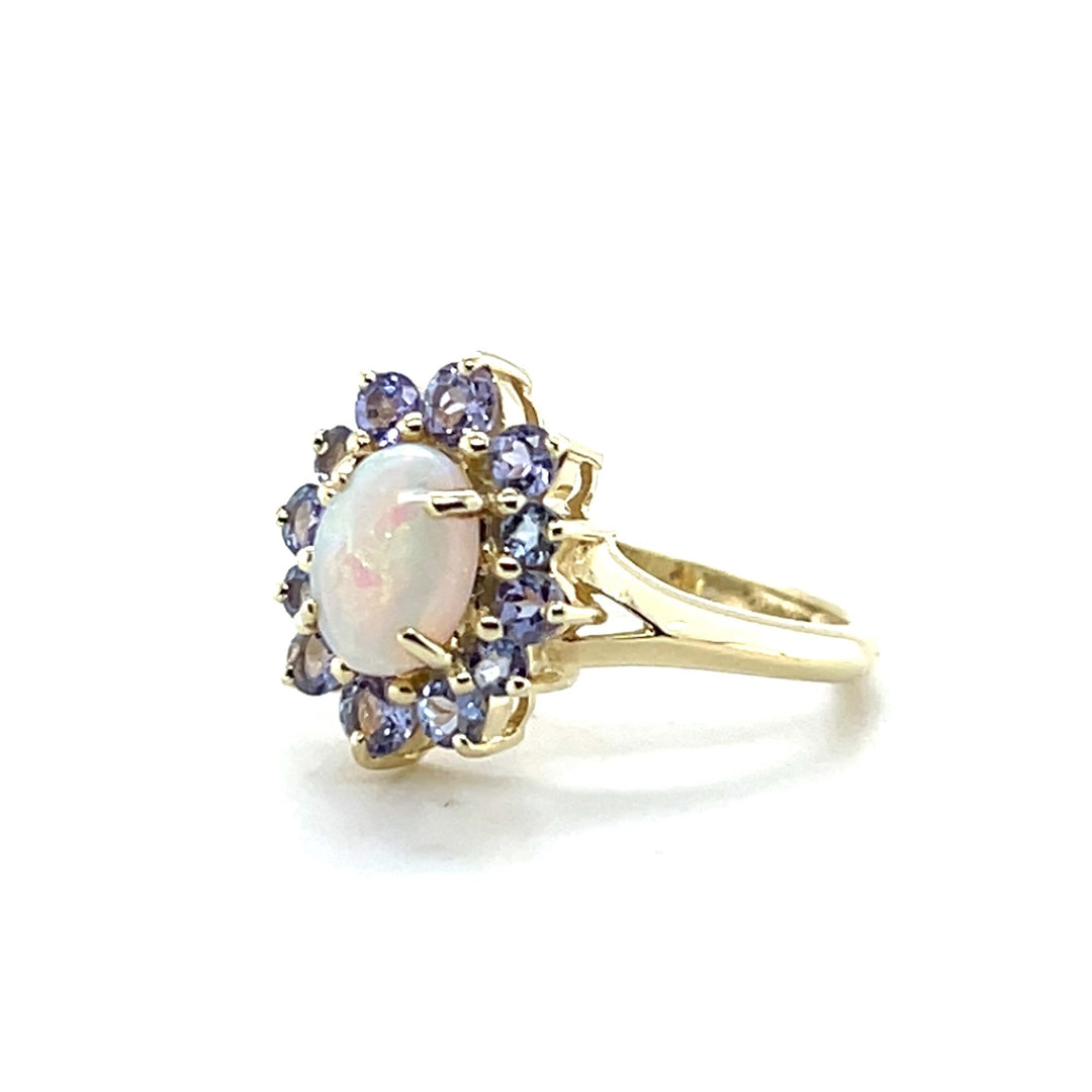 Estate 14K Yellow Gold 1.46CTW Oval Opal & Tanzanite Halo Ring