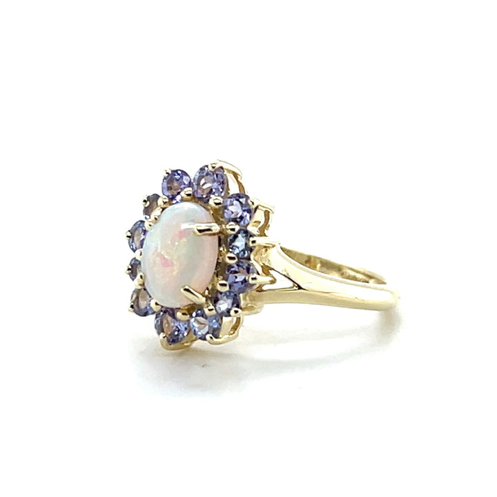 Estate 14K Yellow Gold 1.46CTW Oval Opal & Tanzanite Halo Ring