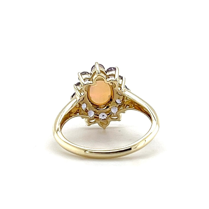Estate 14K Yellow Gold 1.46CTW Oval Opal & Tanzanite Halo Ring