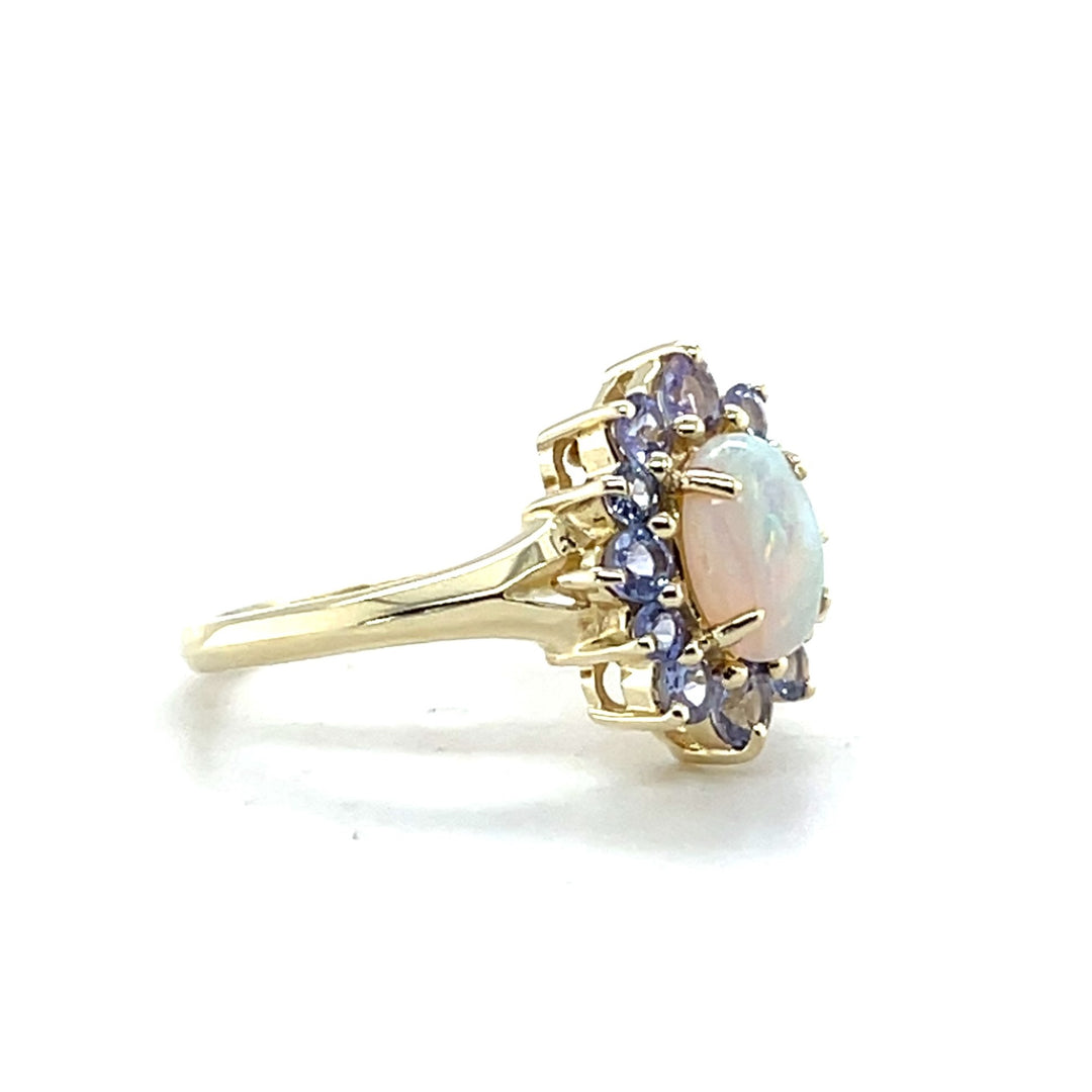 Estate 14K Yellow Gold 1.46CTW Oval Opal & Tanzanite Halo Ring