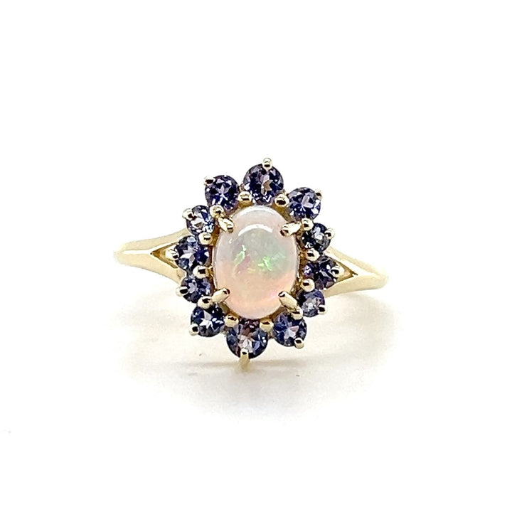 Estate 14K Yellow Gold 1.46CTW Oval Opal & Tanzanite Halo Ring