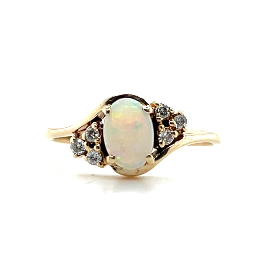 Estate 14K Yellow Gold 0.29CTW Oval Opal & Diamond Bypass Ring