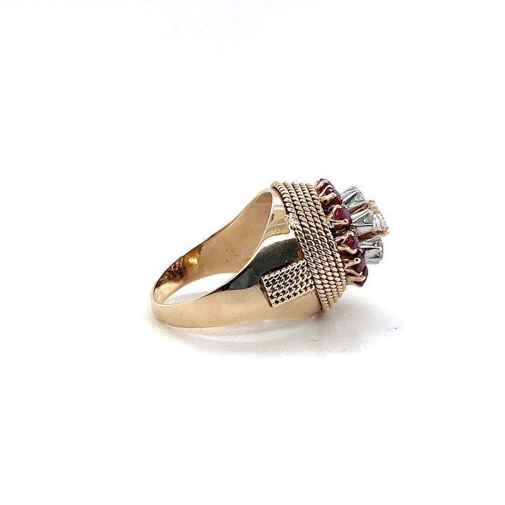 Estate 14K Yellow Gold Ruby and Diamond Dome Cluster Vintage Ring