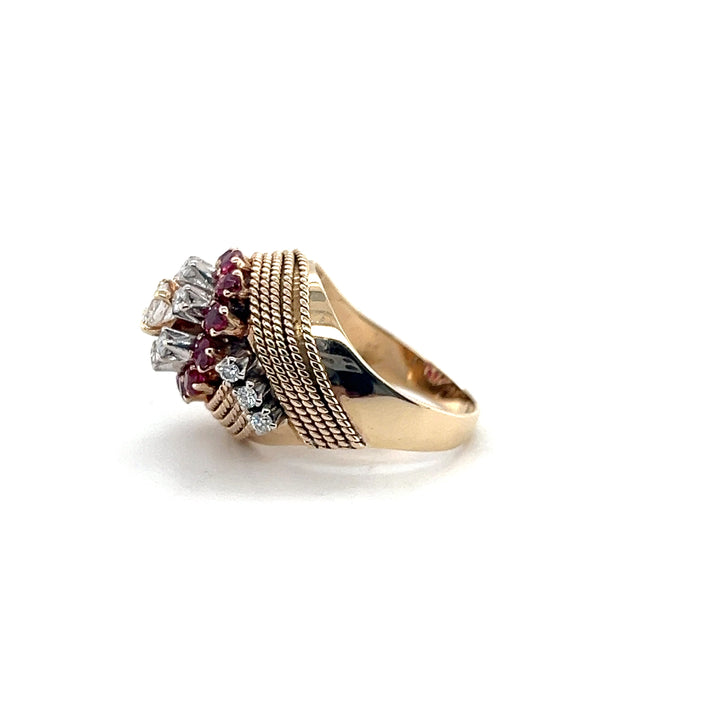 Estate 14K Yellow Gold Ruby and Diamond Dome Cluster Vintage Ring