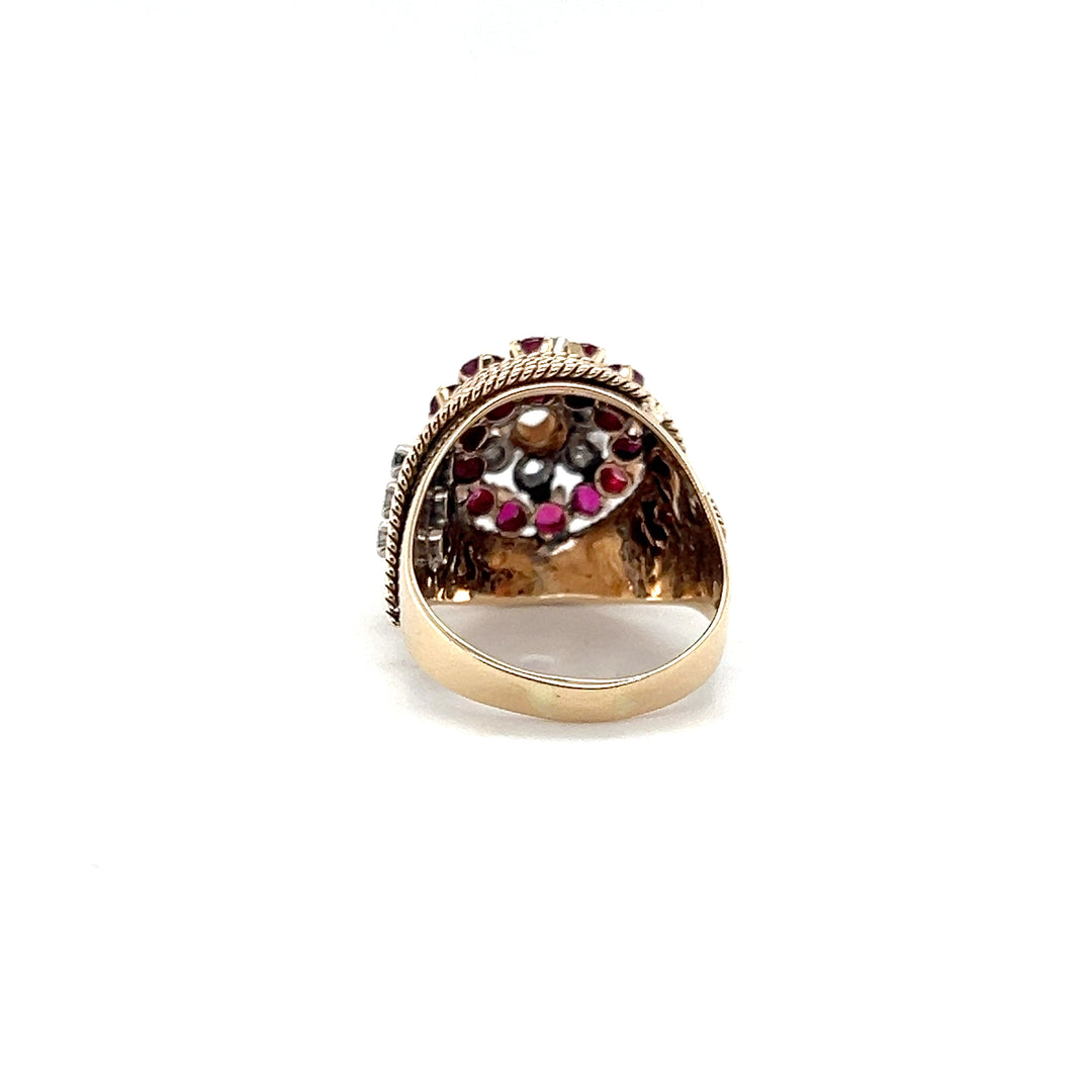 Estate 14K Yellow Gold Ruby and Diamond Dome Cluster Vintage Ring