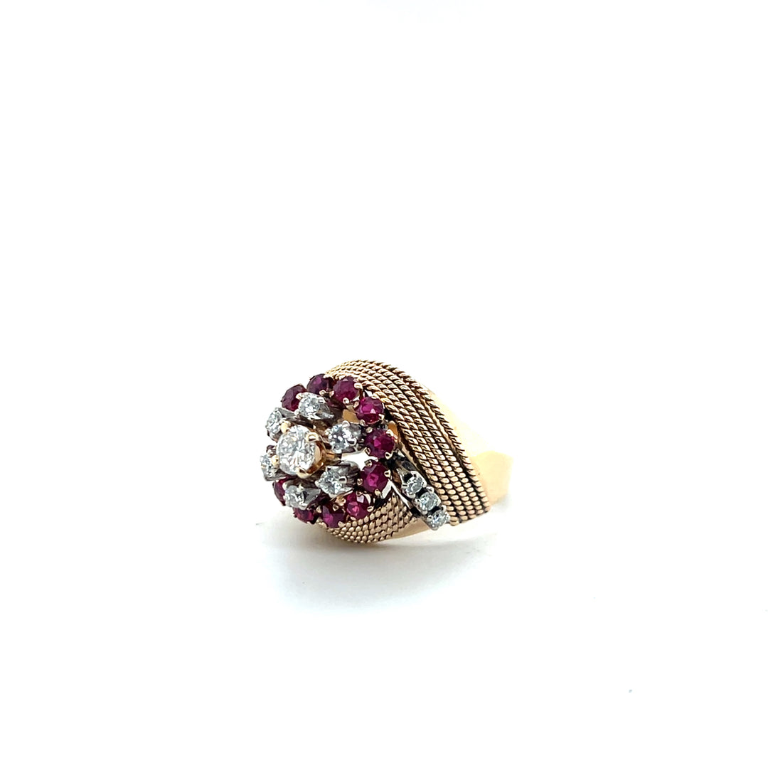 Estate 14K Yellow Gold Ruby and Diamond Dome Cluster Vintage Ring