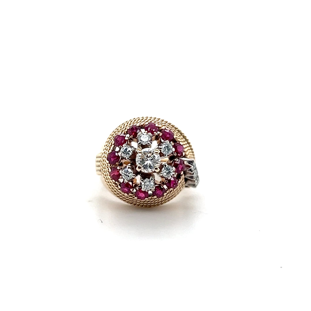 Estate 14K Yellow Gold Ruby and Diamond Dome Cluster Vintage Ring