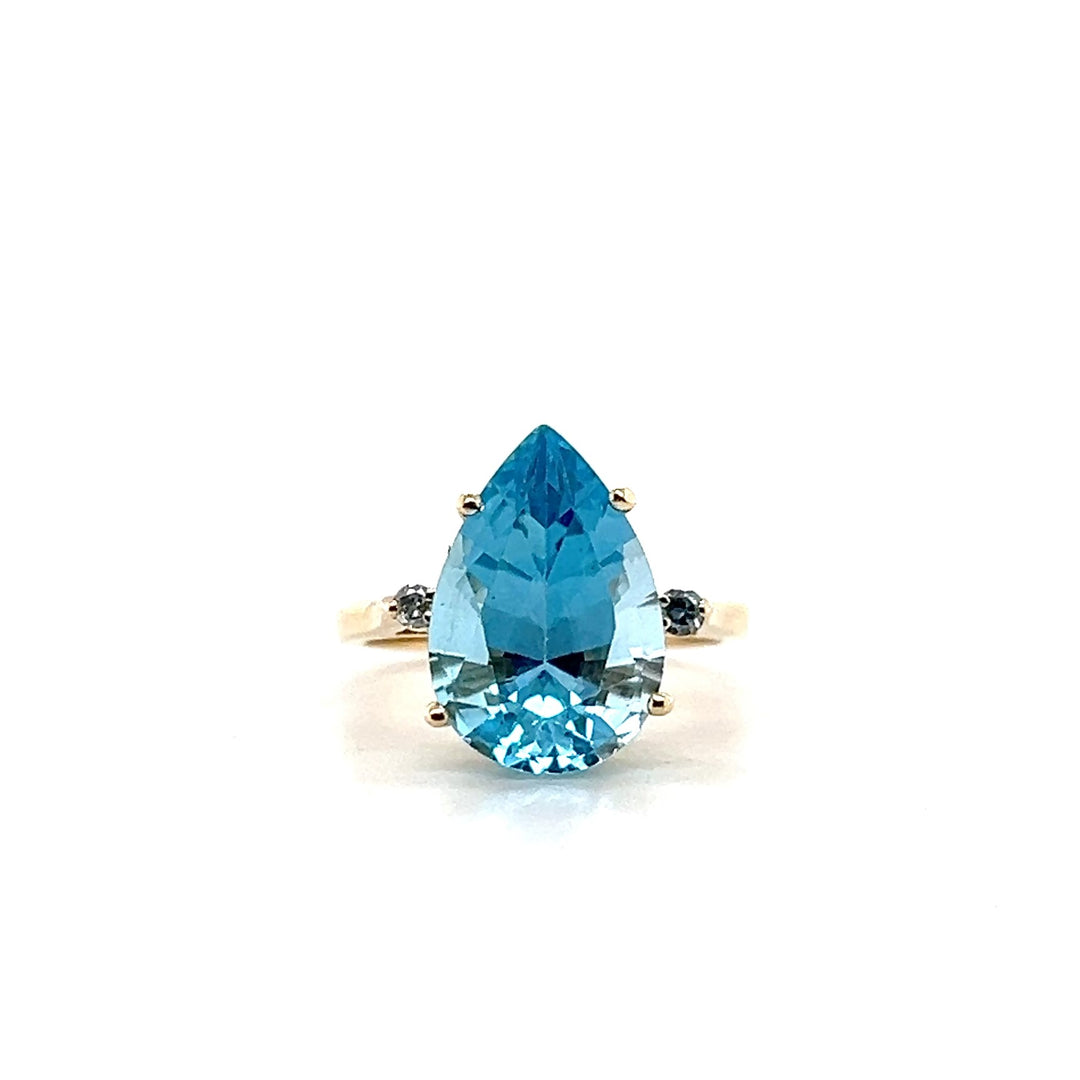 Estate 14K Yellow Gold 8.37CTW Pear-Shaped Blue Topaz and Diamond Cocktail Ring