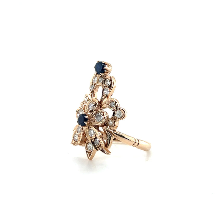 Estate 14K Yellow Gold 0.85CTW Diamond and Sapphire Antique-Style Floral Ring
