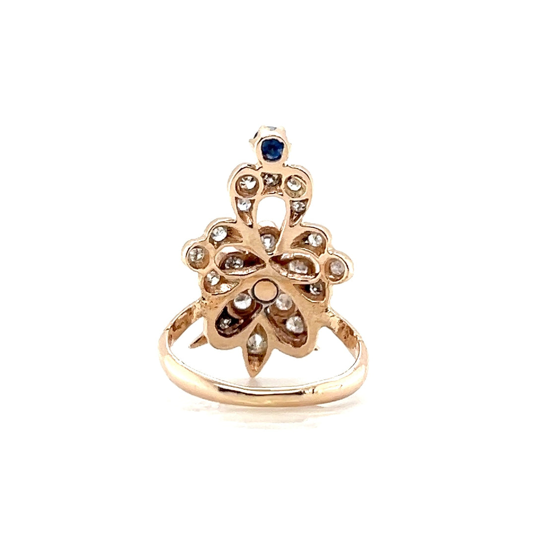 Estate 14K Yellow Gold 0.85CTW Diamond and Sapphire Antique-Style Floral Ring