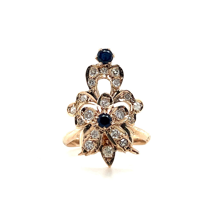 Estate 14K Yellow Gold 0.85CTW Diamond and Sapphire Antique-Style Floral Ring