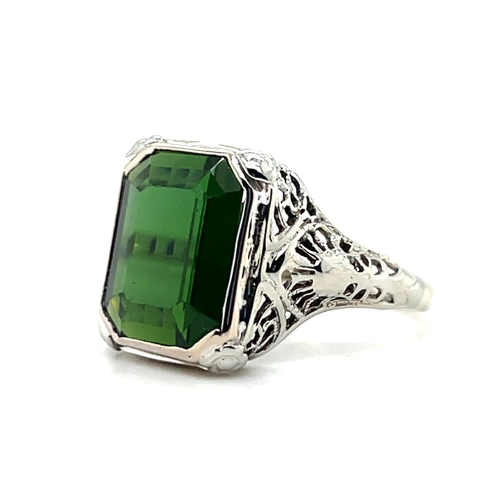 Estate 10K White Gold Emerald-Cut Green Tourmaline Art Deco Filigree Ring